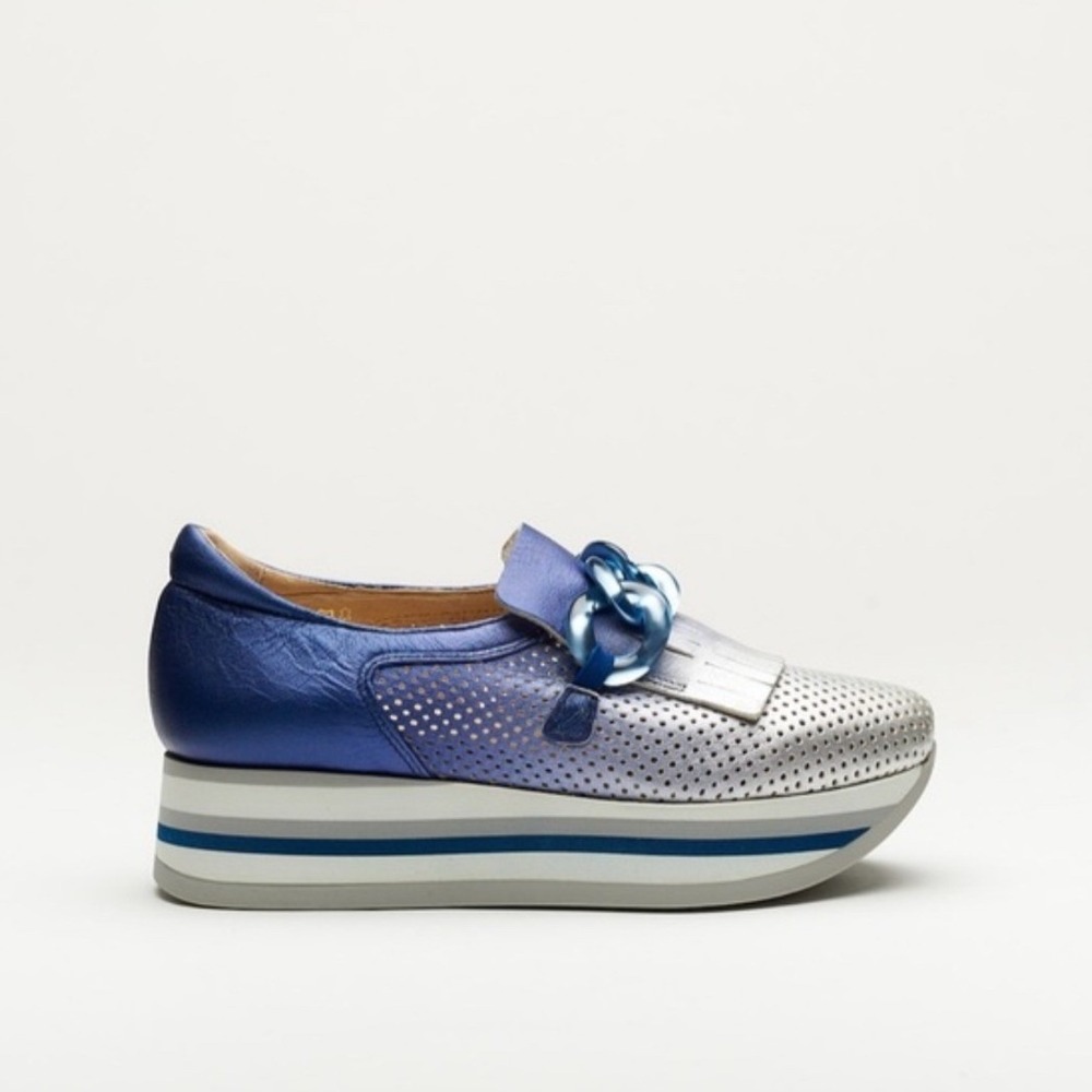 Softwaves‎ Cynthia Sneaker Loafer 36.5 Blue Silver Excellent Platform Chain